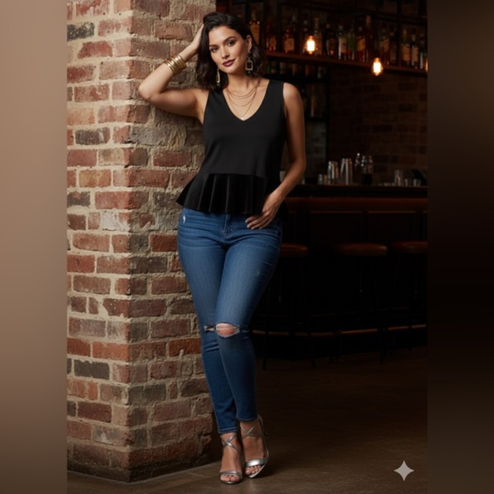 J. Crew Black V-Neck Peplum Top with Velvet‎ Ruffle - XS